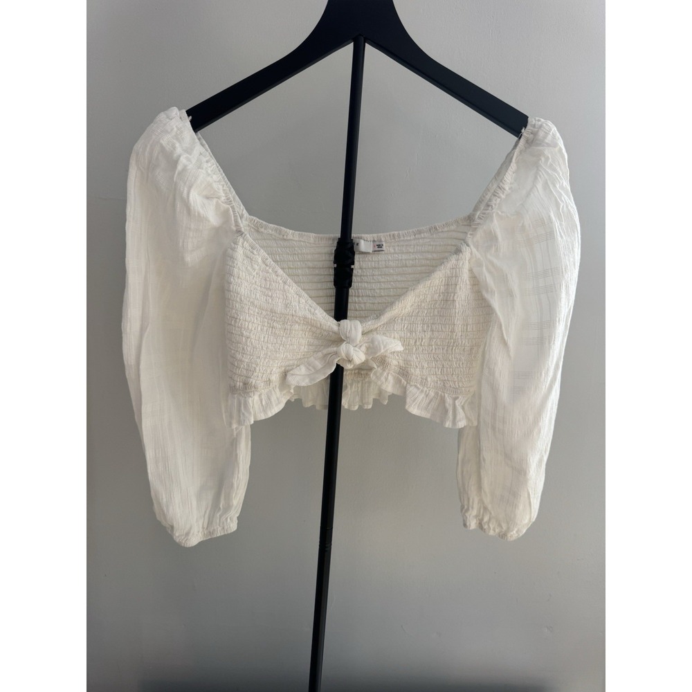 Lush White Smocked Crop Top Sz M Puff Sleeve Cottagecore Peasant Blouse